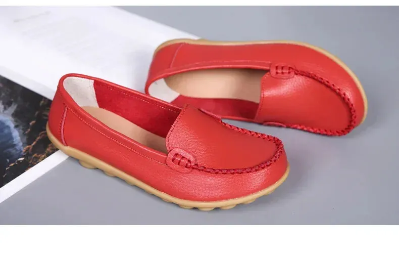 Genuine Leather Shoes Woman Soft Boat Flats Ladies Loafers Non-Slip Sturdy Sole