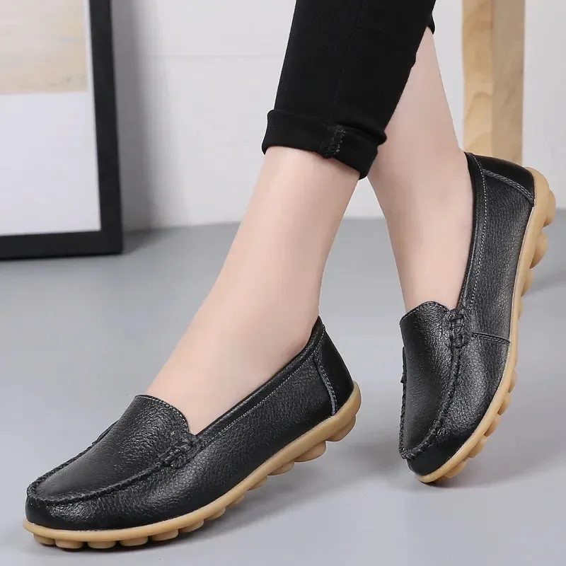 Genuine Leather Shoes Woman Soft Boat Flats Ladies Loafers Non-Slip Sturdy Sole