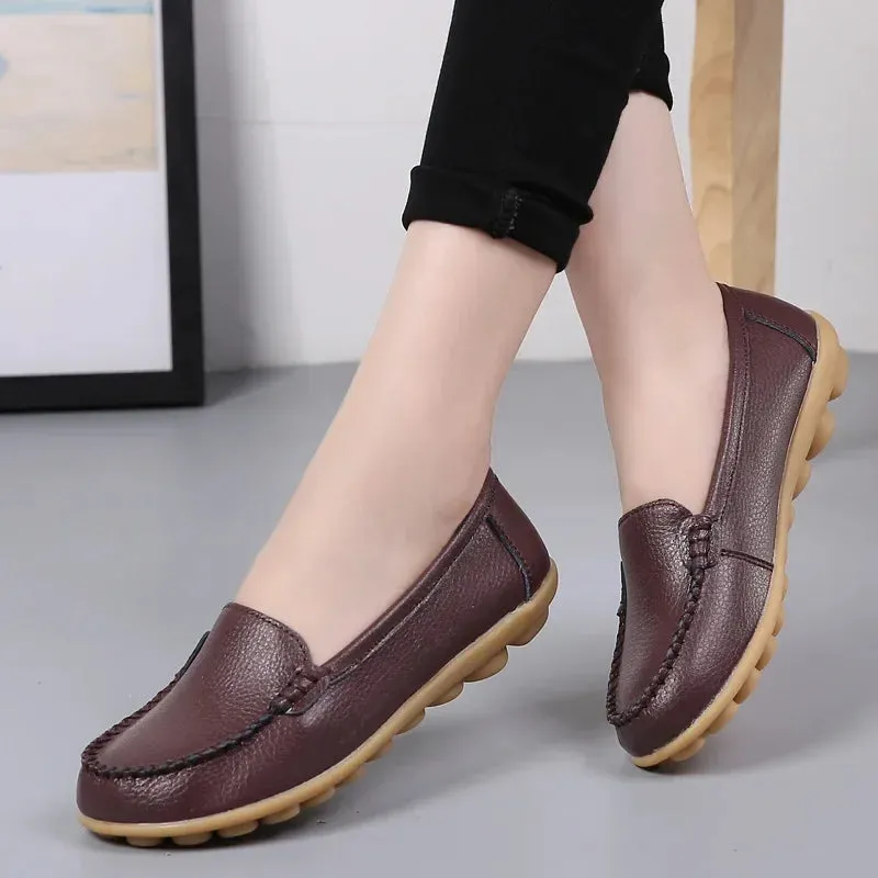 Genuine Leather Shoes Woman Soft Boat Flats Ladies Loafers Non-Slip Sturdy Sole