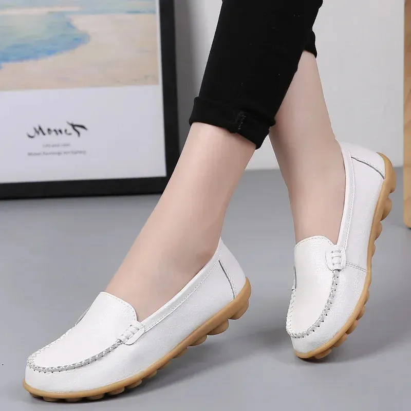 Genuine Leather Shoes Woman Soft Boat Flats Ladies Loafers Non-Slip Sturdy Sole