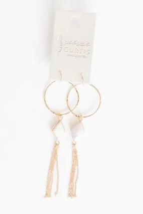 Hammered Gold Hoop w/ White Glass & Tassel Earrings Hammered Gold Hoop w/ White Glass & Tassel Earrings