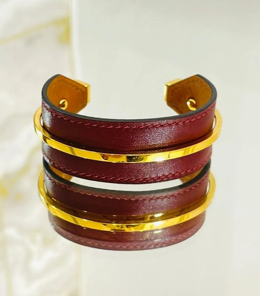 Hermes Open Cuff In Leather & Gold Plate