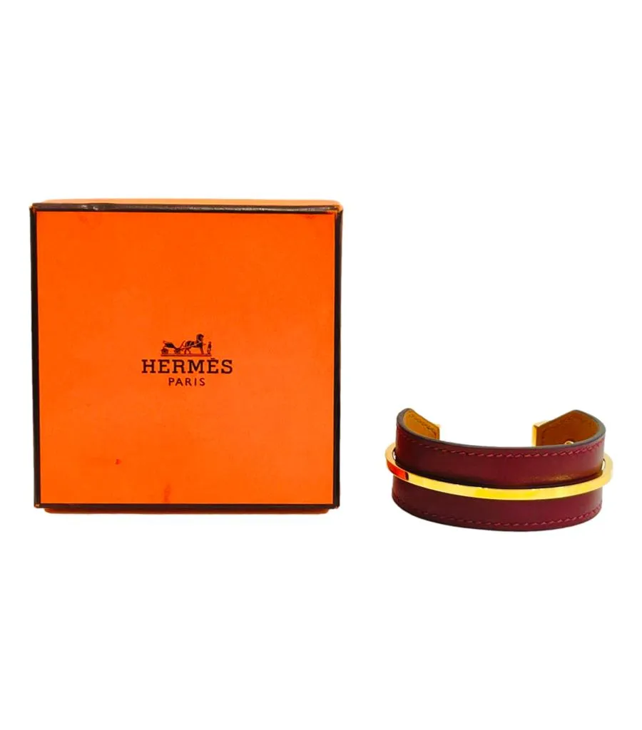 Hermes Open Cuff In Leather & Gold Plate