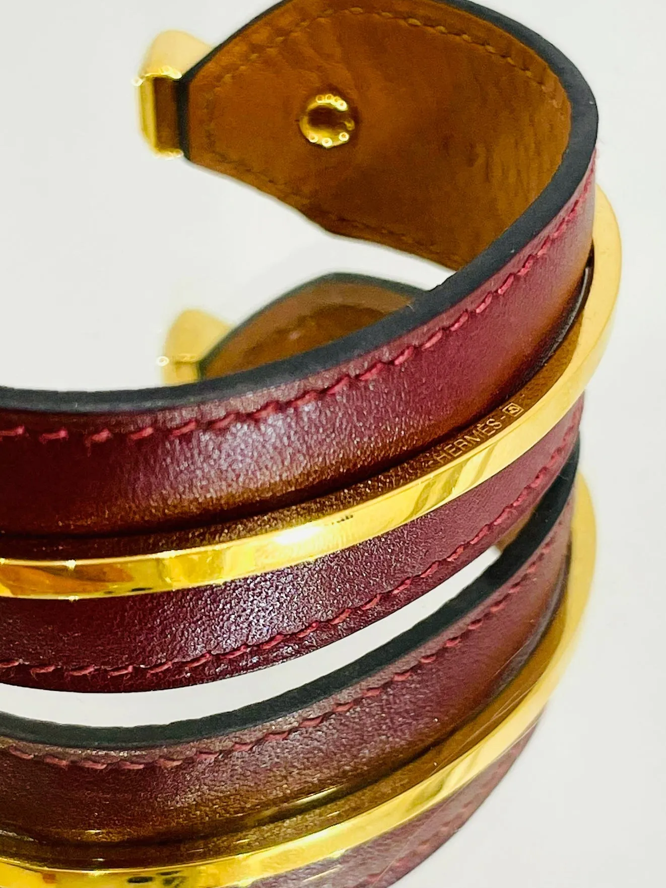 Hermes Open Cuff In Leather & Gold Plate