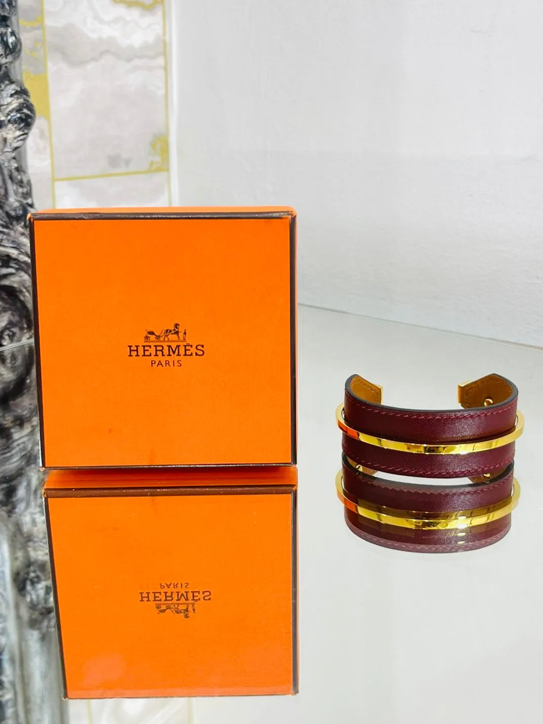 Hermes Open Cuff In Leather & Gold Plate