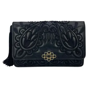 Judith Leiber Black Embroidered Leather Tassel Clutch Judith Leiber Black Embroidered Leather Tassel Clutch