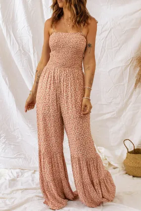 Khaki Thin Straps Smocked Bodice Wide Leg Floral Jumpsuit Khaki Thin Straps Smocked Bodice Wide Leg Floral Jumpsuit