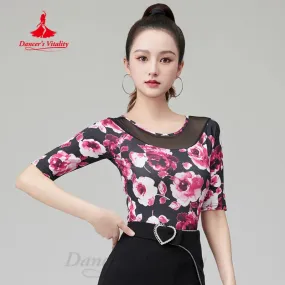 Latin Dance Advanced Printed Half Sleeved Top Women's Chacha Tango Samba Professional Practice Clothes Adult Modern Dancing Tops Latin Dance Advanced Printed Half Sleeved Top Women's Chacha Tango Samba Professional Practice Clothes Adult Modern Dancing Tops