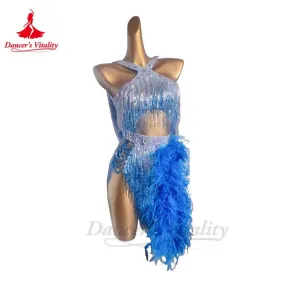 Latin Dance Dress Women AB Stones Feather Rumba Chacha Tango Performance Competiton Clothing Skirt Adult Child Latin Dresses Latin Dance Dress Women AB Stones Feather Rumba Chacha Tango Performance Competiton Clothing Skirt Adult Child Latin Dresses