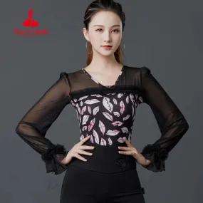 Latin Dance Long Sleeved Tops Customized High End Printed Slimming Top Women's Tango Chacha Samba Professional Training Clothes Latin Dance Long Sleeved Tops Customized High End Printed Slimming Top Women's Tango Chacha Samba Professional Training Clothes