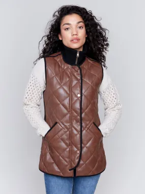 Long Quilted Faux Leather Vest - Brandy Long Quilted Faux Leather Vest - Brandy