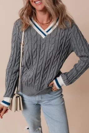 Medium Grey Color Contrast Ribbed Edge Cable Knit V Neck Sweater Medium Grey Color Contrast Ribbed Edge Cable Knit V Neck Sweater