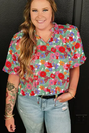 Multicolour Plus Size Floral Print Ruffle V Neck Bubble Sleeve Blouse Multicolour Plus Size Floral Print Ruffle V Neck Bubble Sleeve Blouse
