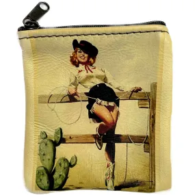 Pin-Up Cowgirl on Fence Leather Western Coin Purse Pin-Up Cowgirl on Fence Leather Western Coin Purse
