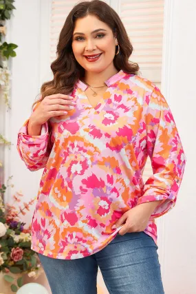 Pink Plus Size Abstract Floral Print V Neck Blouse Pink Plus Size Abstract Floral Print V Neck Blouse