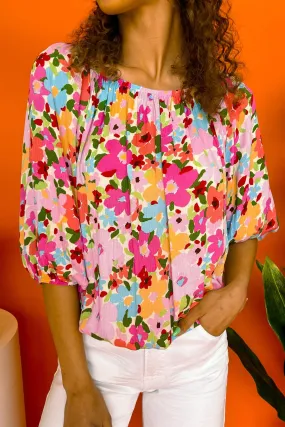 Red Floral Print Puff Sleeve Pleated Elastic Neckline Blouse Red Floral Print Puff Sleeve Pleated Elastic Neckline Blouse