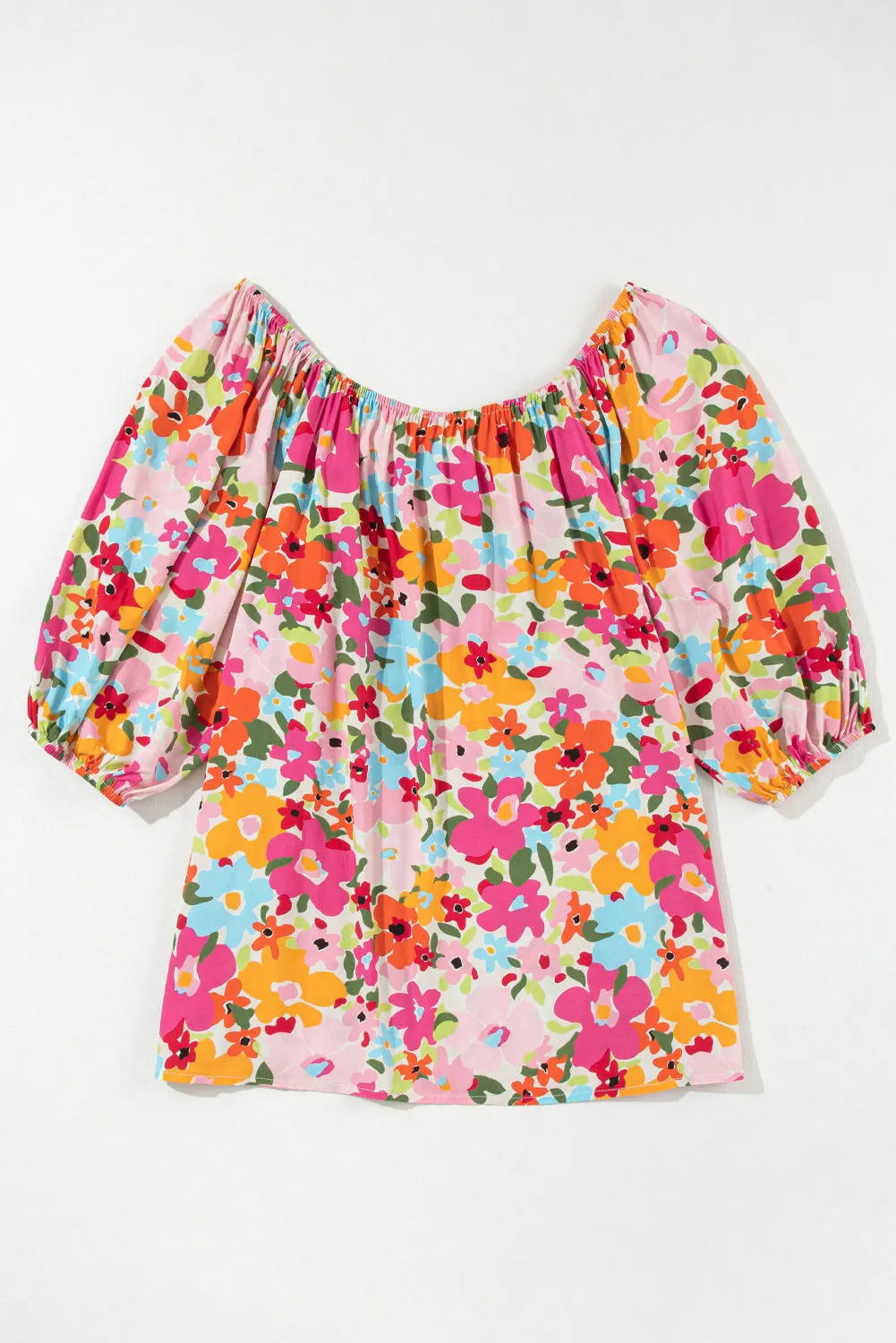 Red Floral Print Puff Sleeve Pleated Elastic Neckline Blouse