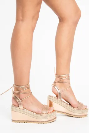 Rose Gold Diamante Detail Woven Insert Lace Up Wedges - Avril Rose Gold Diamante Detail Woven Insert Lace Up Wedges - Avril