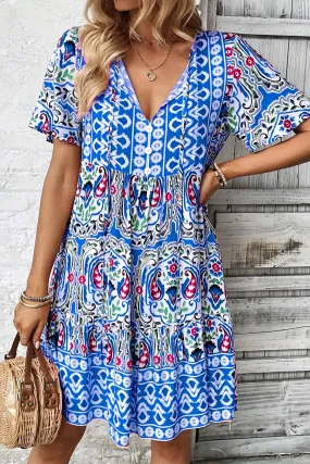 Sky Blue Bohemian Print Tie Neck Ruffle Hem Short Dress Sky Blue Bohemian Print Tie Neck Ruffle Hem Short Dress