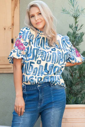 Sky Blue Stripe Plus Size Abstract Print Floral Embroidered Puff Sleeve Blouse Sky Blue Stripe Plus Size Abstract Print Floral Embroidered Puff Sleeve Blouse