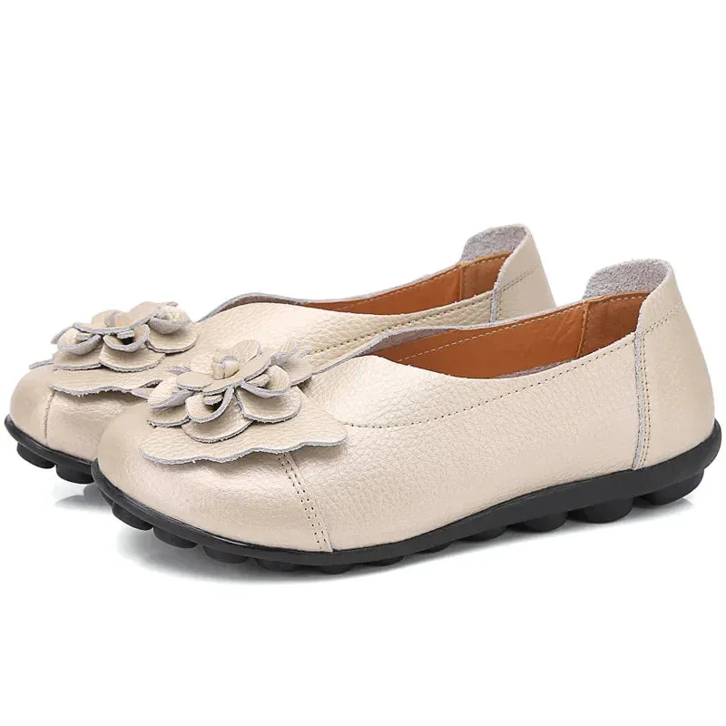 Summer Soft Genuine Leather Flat Slip On Loafers Women Ladies Shoes with Flowers for Nurse Mother Working Walking Driving