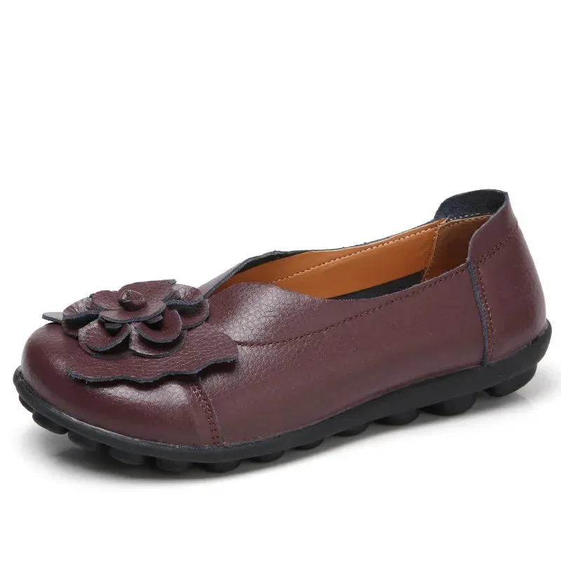 Summer Soft Genuine Leather Flat Slip On Loafers Women Ladies Shoes with Flowers for Nurse Mother Working Walking Driving