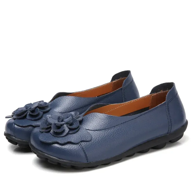 Summer Soft Genuine Leather Flat Slip On Loafers Women Ladies Shoes with Flowers for Nurse Mother Working Walking Driving