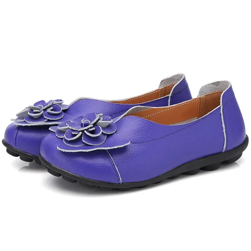 Summer Soft Genuine Leather Flat Slip On Loafers Women Ladies Shoes with Flowers for Nurse Mother Working Walking Driving