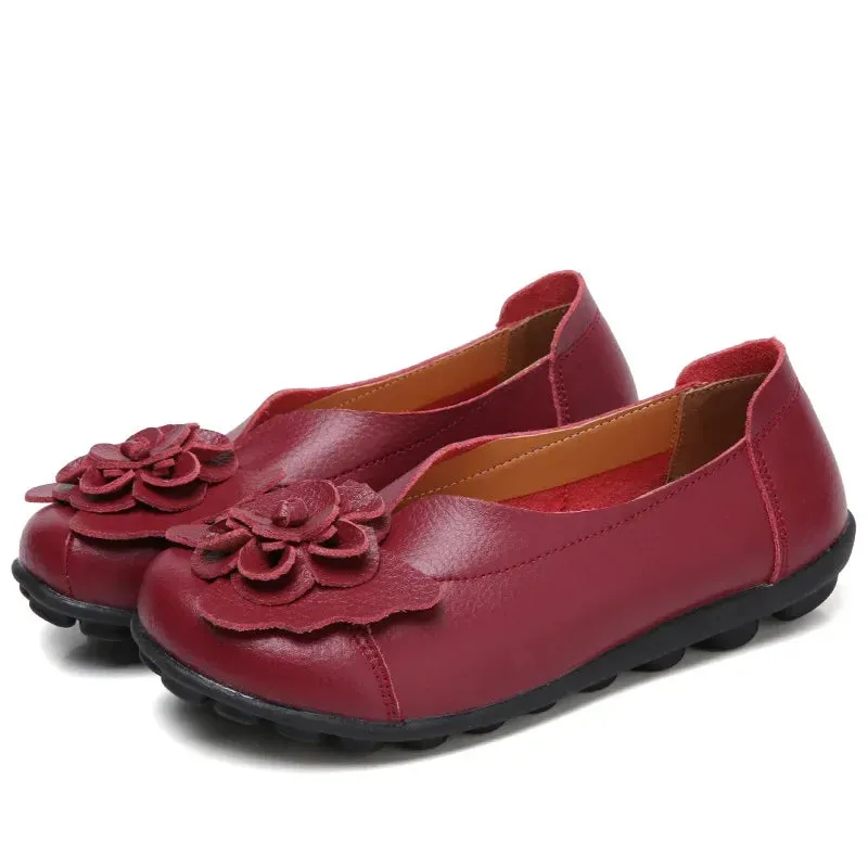 Summer Soft Genuine Leather Flat Slip On Loafers Women Ladies Shoes with Flowers for Nurse Mother Working Walking Driving
