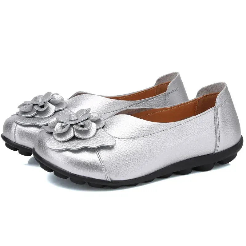 Summer Soft Genuine Leather Flat Slip On Loafers Women Ladies Shoes with Flowers for Nurse Mother Working Walking Driving