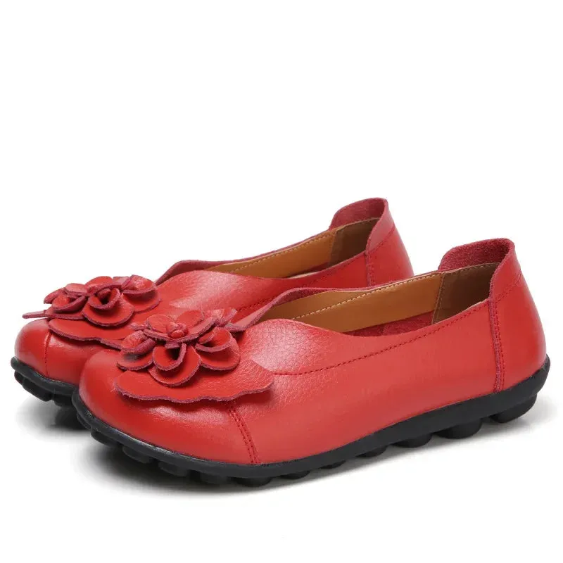 Summer Soft Genuine Leather Flat Slip On Loafers Women Ladies Shoes with Flowers for Nurse Mother Working Walking Driving
