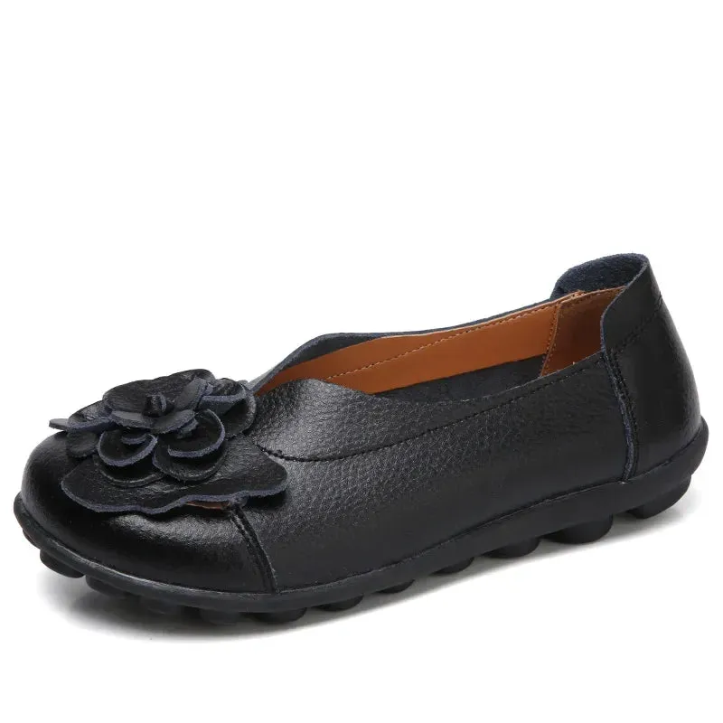 Summer Soft Genuine Leather Flat Slip On Loafers Women Ladies Shoes with Flowers for Nurse Mother Working Walking Driving
