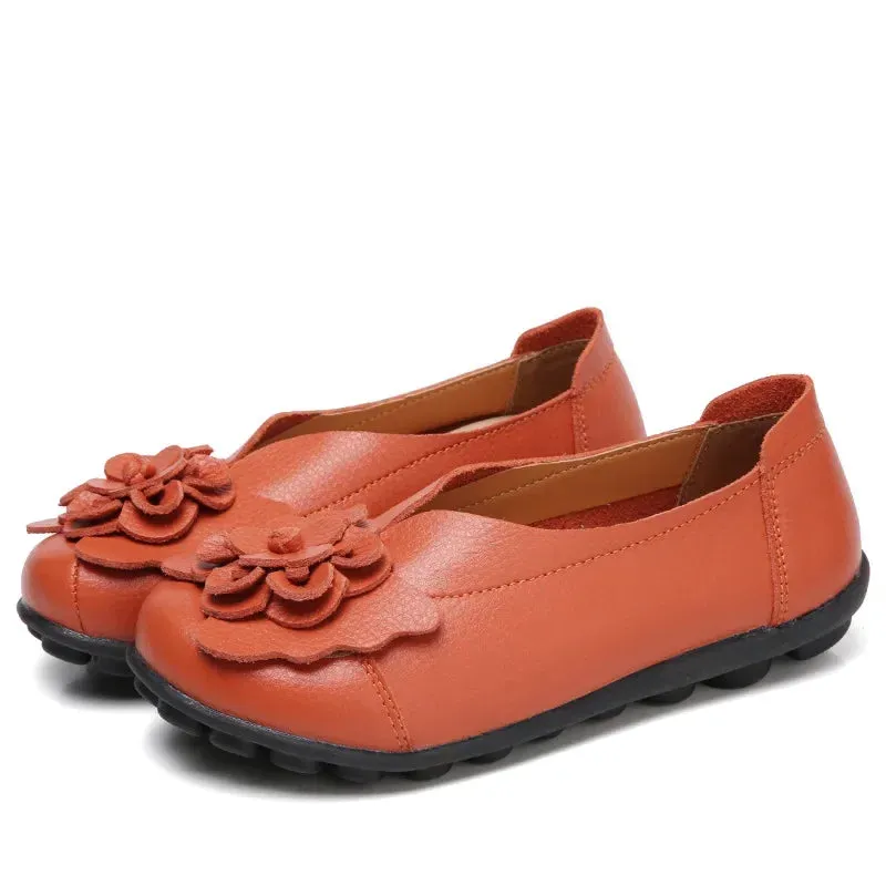Summer Soft Genuine Leather Flat Slip On Loafers Women Ladies Shoes with Flowers for Nurse Mother Working Walking Driving
