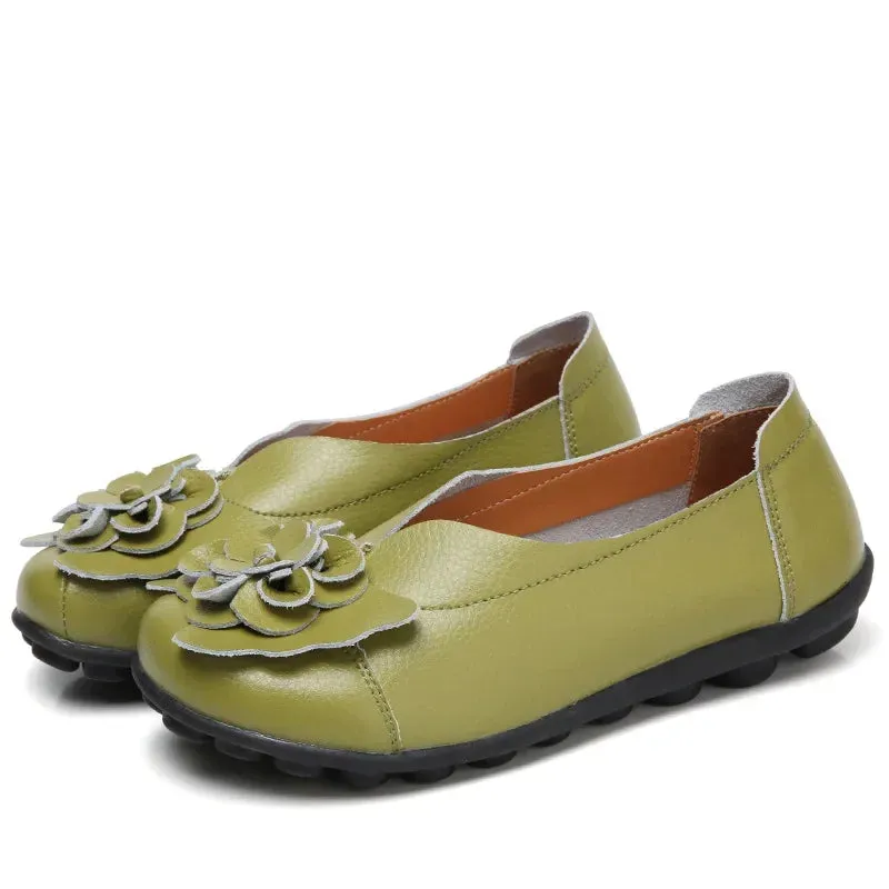 Summer Soft Genuine Leather Flat Slip On Loafers Women Ladies Shoes with Flowers for Nurse Mother Working Walking Driving