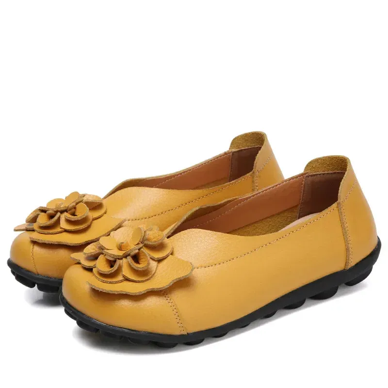 Summer Soft Genuine Leather Flat Slip On Loafers Women Ladies Shoes with Flowers for Nurse Mother Working Walking Driving