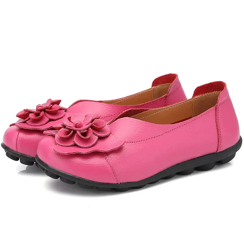 Summer Soft Genuine Leather Flat Slip On Loafers Women Ladies Shoes with Flowers for Nurse Mother Working Walking Driving