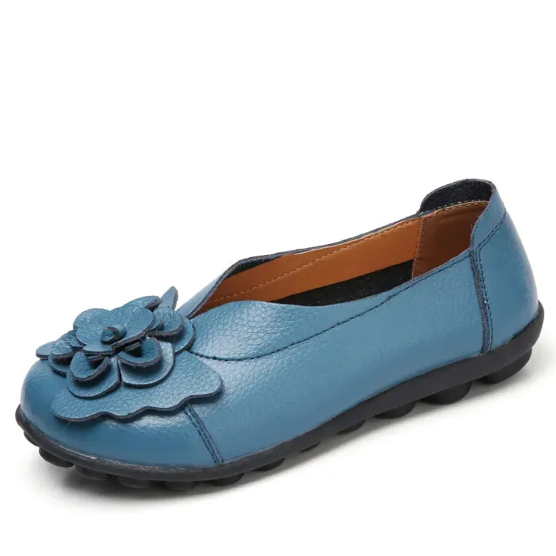 Summer Soft Genuine Leather Flat Slip On Loafers Women Ladies Shoes with Flowers for Nurse Mother Working Walking Driving