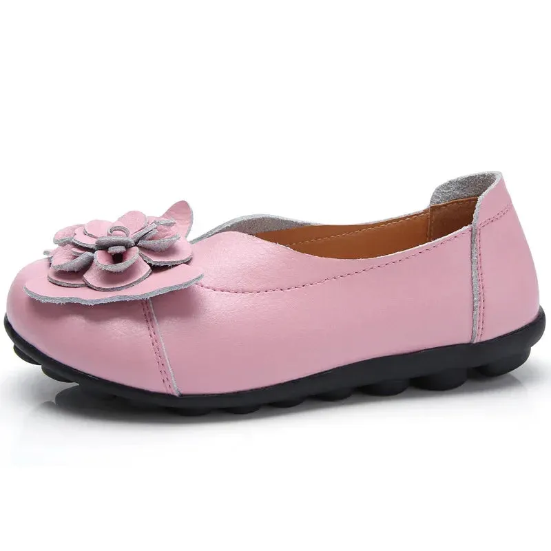 Summer Soft Genuine Leather Flat Slip On Loafers Women Ladies Shoes with Flowers for Nurse Mother Working Walking Driving