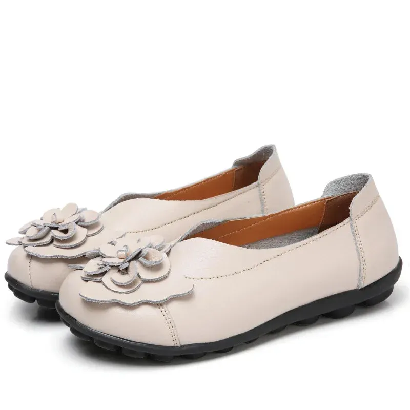 Summer Soft Genuine Leather Flat Slip On Loafers Women Ladies Shoes with Flowers for Nurse Mother Working Walking Driving