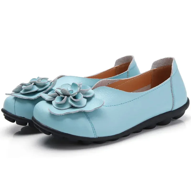 Summer Soft Genuine Leather Flat Slip On Loafers Women Ladies Shoes with Flowers for Nurse Mother Working Walking Driving