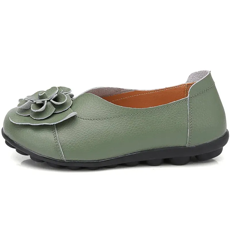 Summer Soft Genuine Leather Flat Slip On Loafers Women Ladies Shoes with Flowers for Nurse Mother Working Walking Driving