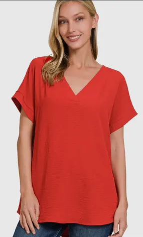 Tops - Red Woven V-Neck Top Tops - Red Woven V-Neck Top