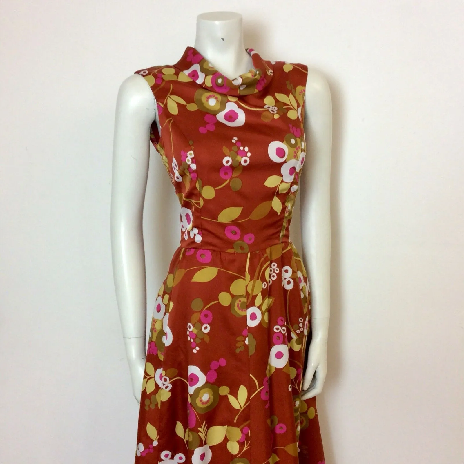 VINTAGE 1970S RUST SATEEN ABSTRACT FLORAL PRINT MAXI DRESS 10 12