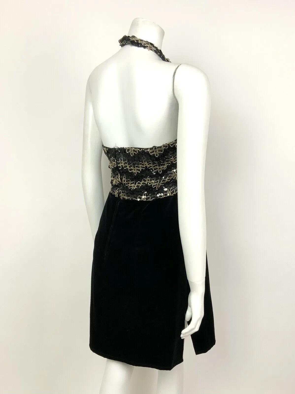 VINTAGE 60s 70s BLACK VELVET GOLD SEQUINNED DISCO STUDIO 54 HALTER DRESS 8 10
