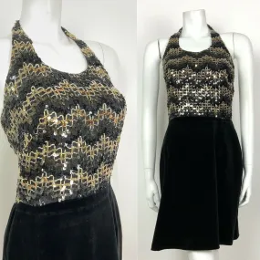 VINTAGE 60s 70s BLACK VELVET GOLD SEQUINNED DISCO STUDIO 54 HALTER DRESS 8 10 VINTAGE 60s 70s BLACK VELVET GOLD SEQUINNED DISCO STUDIO 54 HALTER DRESS 8 10
