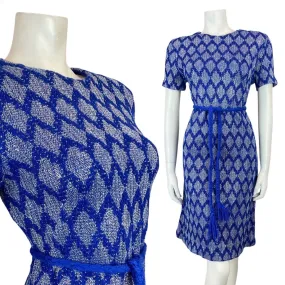 VINTAGE 60s 70s BLUE SILVER DIAMOND BELTED LUREX PARTY DISCO DRESS 12 14 VINTAGE 60s 70s BLUE SILVER DIAMOND BELTED LUREX PARTY DISCO DRESS 12 14