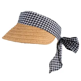 Women’s Straw Sun Visor with Gingham Ribbon Band and Tie Women’s Straw Sun Visor with Gingham Ribbon Band and Tie